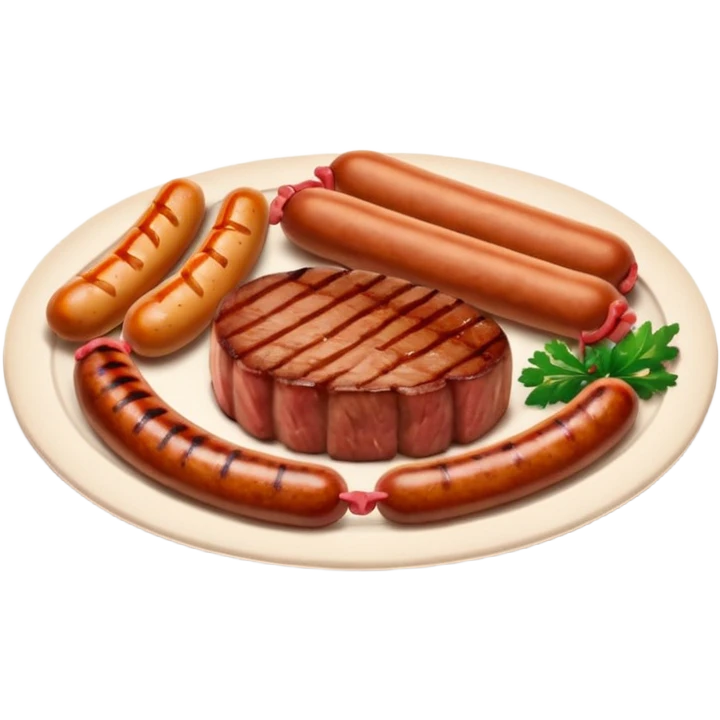 Meat dishes avatar in clean emoji-style illustration. Steak, roasted meat, and sausages, rich brown and red tones, simple shapes, flat design, hearty and appetizing. emoji