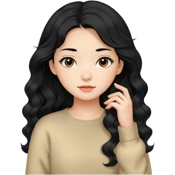 Beautiful girl,Black hair, wavy long hair,Black eyes,Chinese, beige sweater  emoji