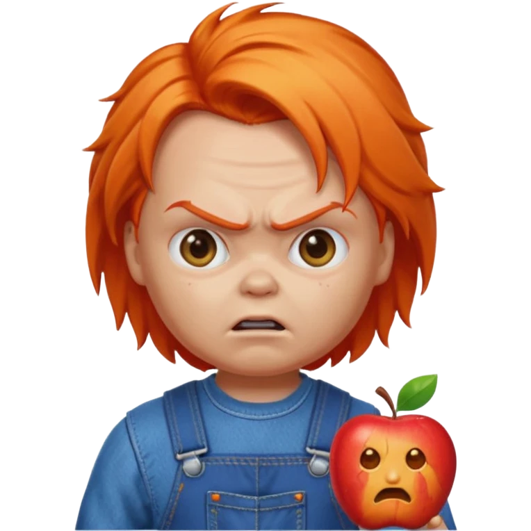 Chucky doll emoji with angry expression, orange hair, blue overalls, apple style emoji emoji