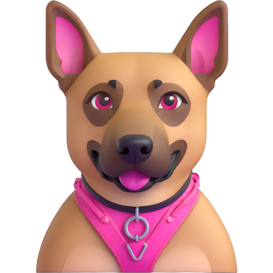Add a pink harness, pink muzzle, and pink collar to the Belgian Malinois dog, keeping the 3D emoji iOS 18 style emoji