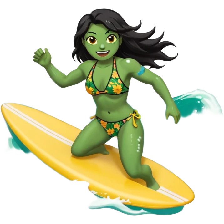 ork female holding small yellow bodyboard, running through shallow turquoise waves, muscular green body, bright floral bikini, fierce joyful grin showing tusks, long wet dark hair splashing, foam and spray, minimalist beach and ocean background, centered emoji, vibrant summer colors, sticker style emoji