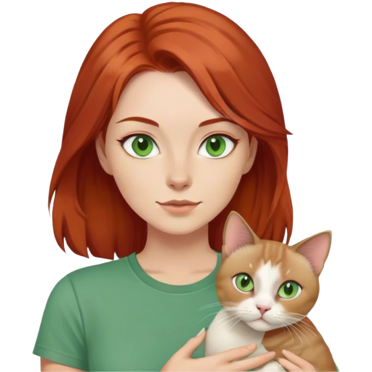 redhaired woman holding a siamese cat, greenish gray eyes, green t-shirt, layered hairstyle, 4k emoji