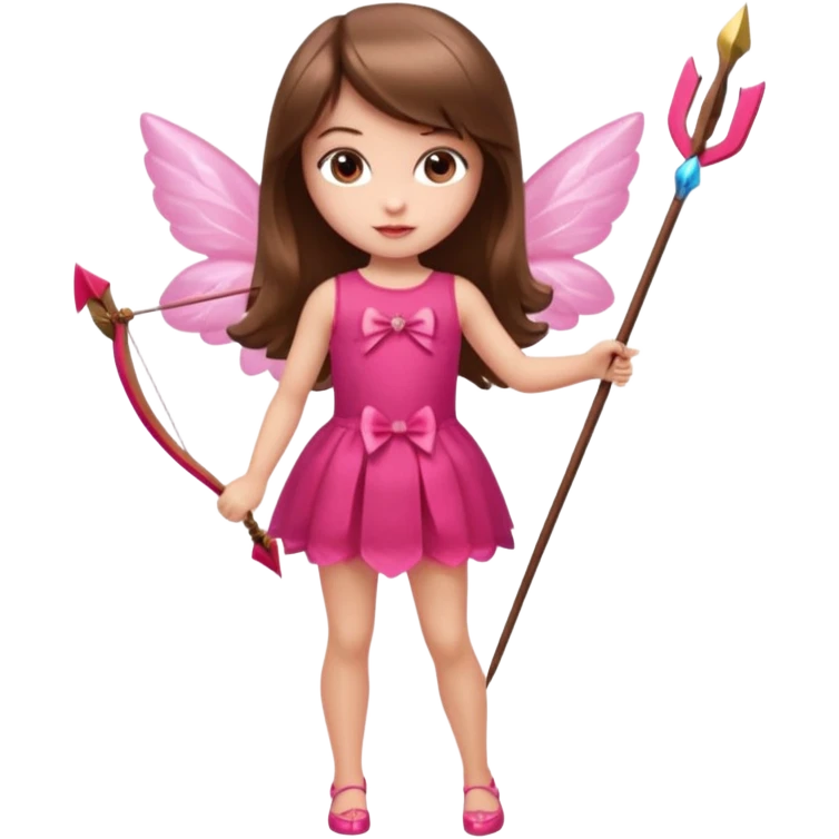 Hada de piel clara cupido pequeña  de cabello largo lacio castaño con flequillo y ojos cafés  vestida con algo sensual semitransparente corto color blanco o rojo con 1 arco y una sola flecha que combinen y labios rositas tipo Barbie pero en hada cupido de cuerpo completo de pies a cabeza   emoji