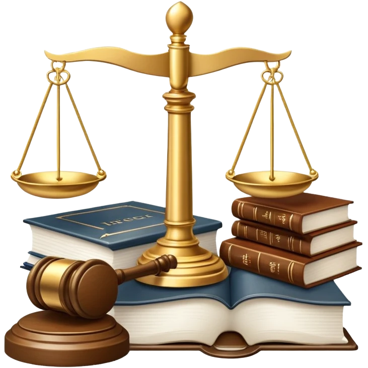 An icon featuring scales of justice, a gavel, and a legal book, symbolizing the study of law. The design includes courthouse pillars in the background, representing authority and legal systems. Transparent background highlights the principles of justice, order, and legal education. emoji