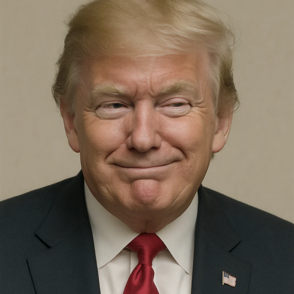 Reduce contrast for a softer look and enhance the very sly, cunning expression on Donald Trump's face, keeping photorealistic quality and plain background. Maintain photorealistic style with a plain background. emoji