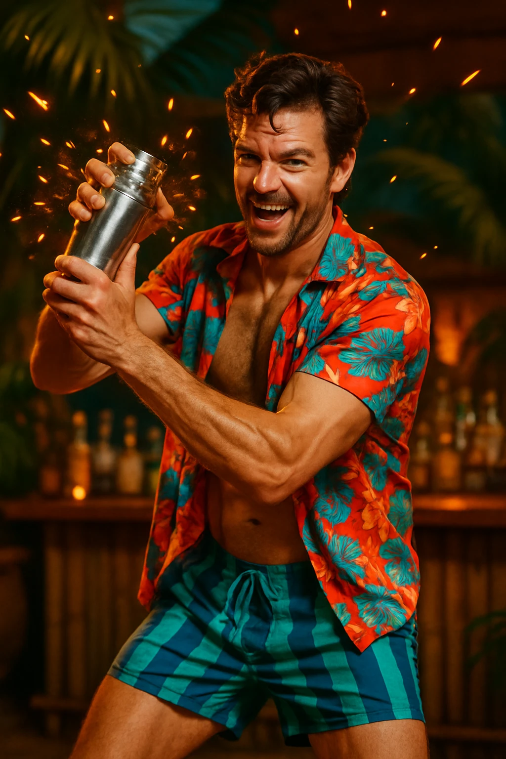 human male Unbuttoned Hawaiian shirt, swim trunks, shaking a cocktail shaker (sparks flying) emoji