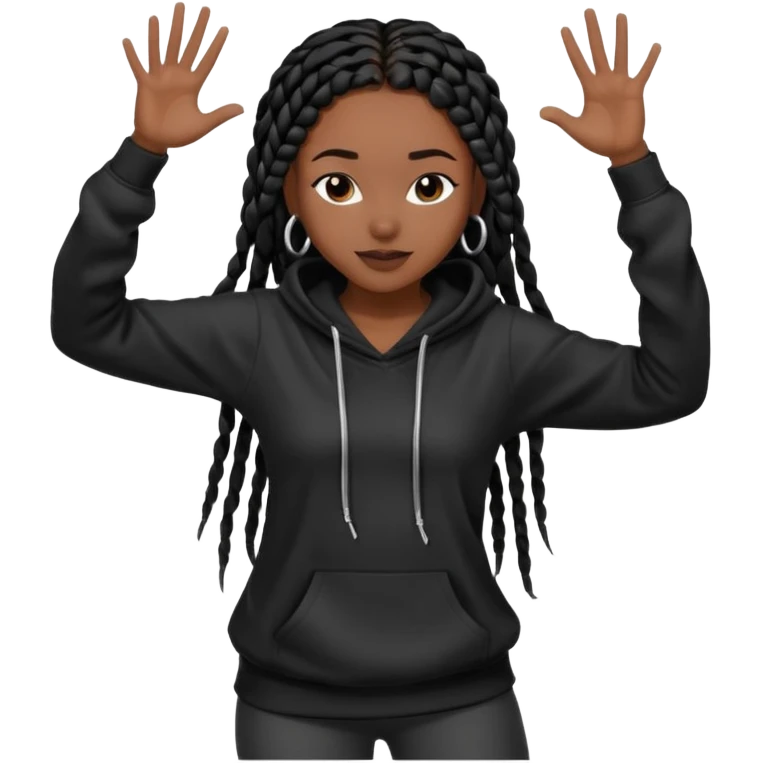 African American girl dark skin with long black box braids wearing plain black hoodie with hands dancing emoji