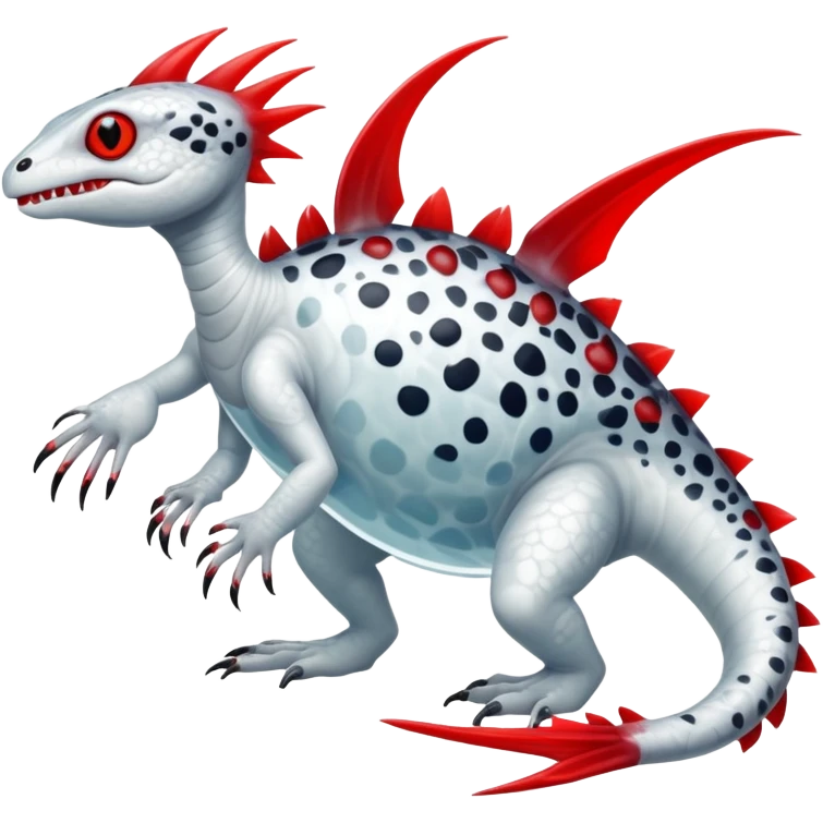 a translucent white with black belly and red eyes tropical edgy vernid-fionbri-creature with splash patterns full body emoji