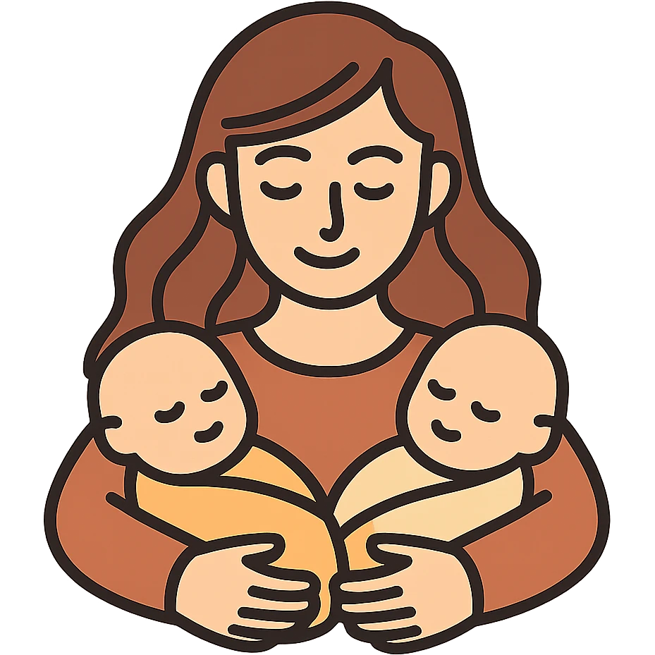 vector illustration of a mother in the style and appearance of the reference, hugging two babies, one on each arm, detailed and expressive, simple lines, soft shadows and highlights, complex shapes, light beige-brown color scheme, flowing hair, clear facial features, atmosphere of warmth and care emoji
