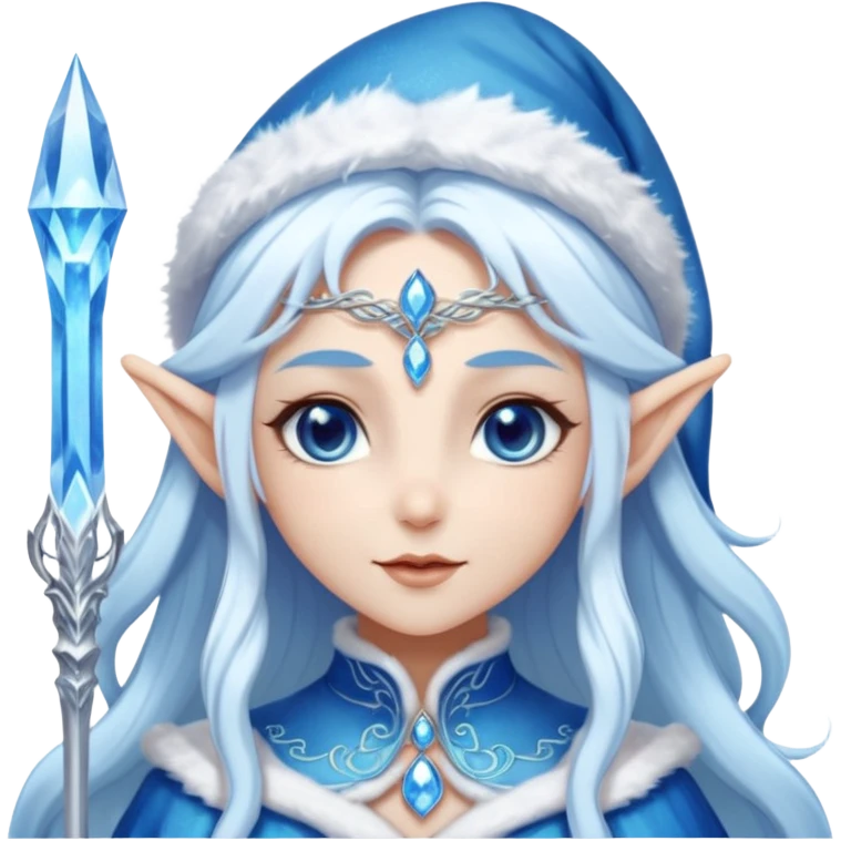Legendary fantasy Christmas elf portrait icon, Santa Claus and Snow Maiden inspired, ancient winter spirit style, long flowing white-blue hair, glowing frost eyes, crystal staff, elegant elven features, divine winter magic aura, icy silver color palette, highly detailed but clean emoji icon emoji