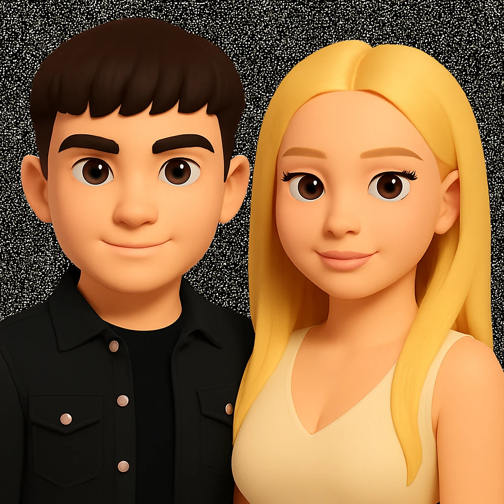 Slightly increase the volume of the upper body of the girl, slightly turn her to face forward, and make the skin color uniform. Maintain the cartoonish 3D style as in the reference image. emoji