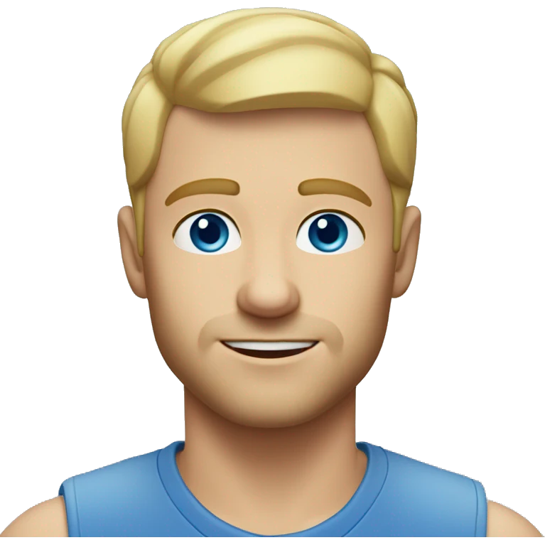 A head and shoulders shot of a 33 year old white man, with short blonde hair,   with blue eyes wearing a t-shirt. emoji