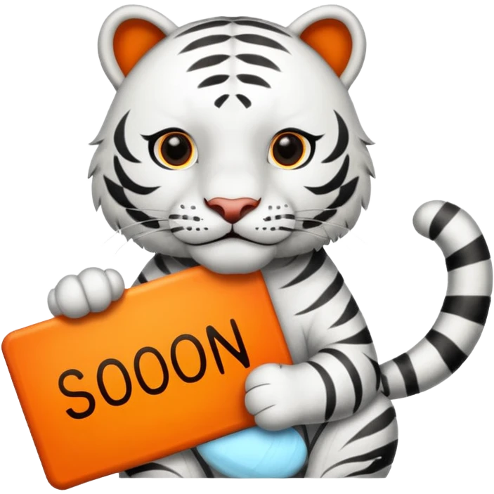 White Tiger. He is holding a sign with SOON - written on it. Let him have 4 paws, not more. emoji