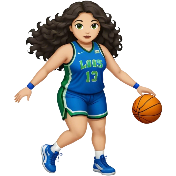Full Body light skin Latino plus size women basketball player with long wavy dark hair  wearing blue and green uniform emoji