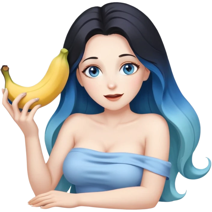 busty pawg long black to blue ombre hair pale blue eyes twerk sfw bare shoulders lay down- eating banana emoji