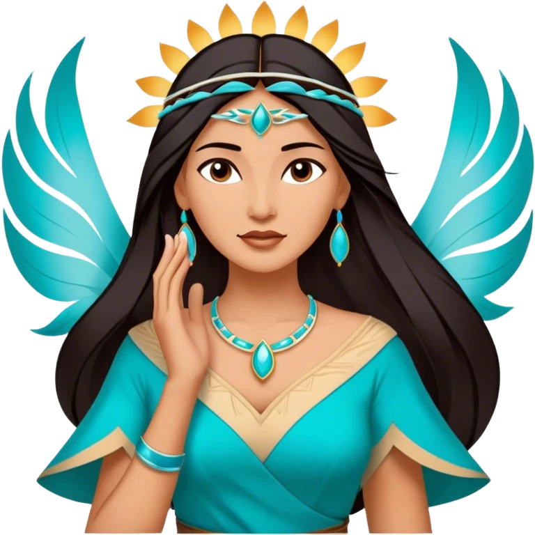 Cinematic Majestic Pocahontas Portrait Emoji, rendered in a clean, vector-style with bold shapes. Show Pocahontas with a serene, noble expression, radiant sun-kissed skin, and elegantly flowing dark hair, dressed in traditional garments with subtle turquoise accents. The design radiates a majestic, natural glow, high shine, and a soft glowing outline, capturing her regal beauty. emoji