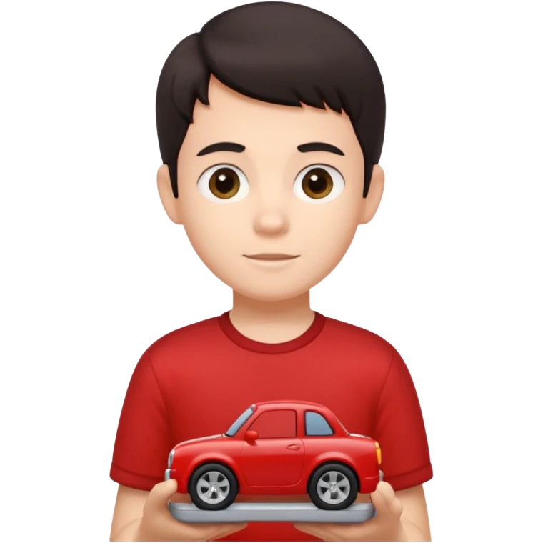 dark haired red wearing kid with toy emoji