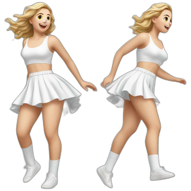 hyperrealistic-full-body-caucasian-curvy-beauty-jumping-small white-skirt-back-and-front-views-strong-wind-knickers white socks emoji