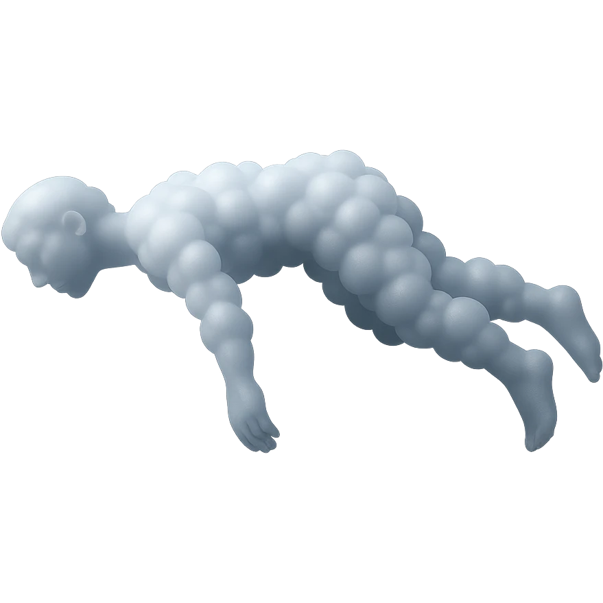 side view of unconscious person flying upwards by torso, arms and legs down, made of small very bright white fluffy convex clouds, matte glass style emoji