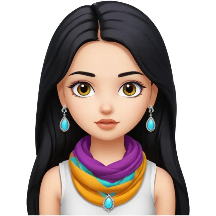 a pretty bratz girl with long black hair, kajal under eyes, small silver jhumkas. White tank top on. Colourful scarf around neck emoji