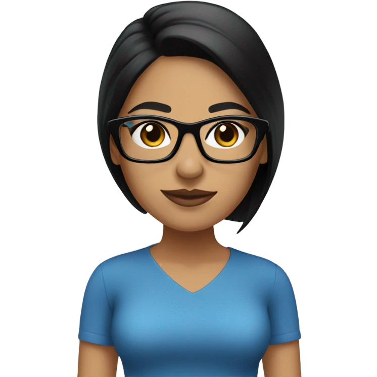 Latina, black hair medium straight, glasses white and blue, brown dark eyes emoji