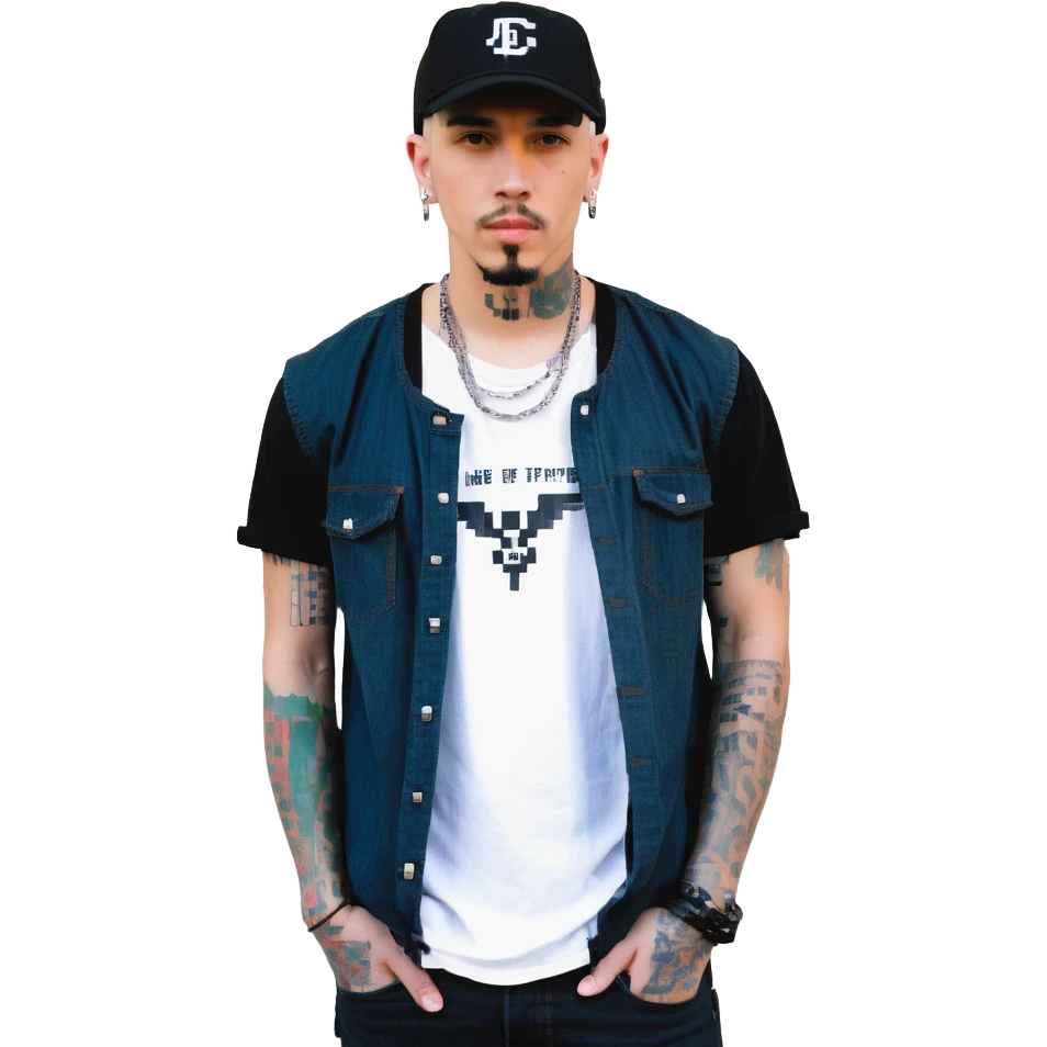 a man with a shaved head, goatee, pierced ear, and green eyes, wearing a black baseball cap, black shirt, jeans, and tattoos on one arm, pixel art style, hands in pockets emoji