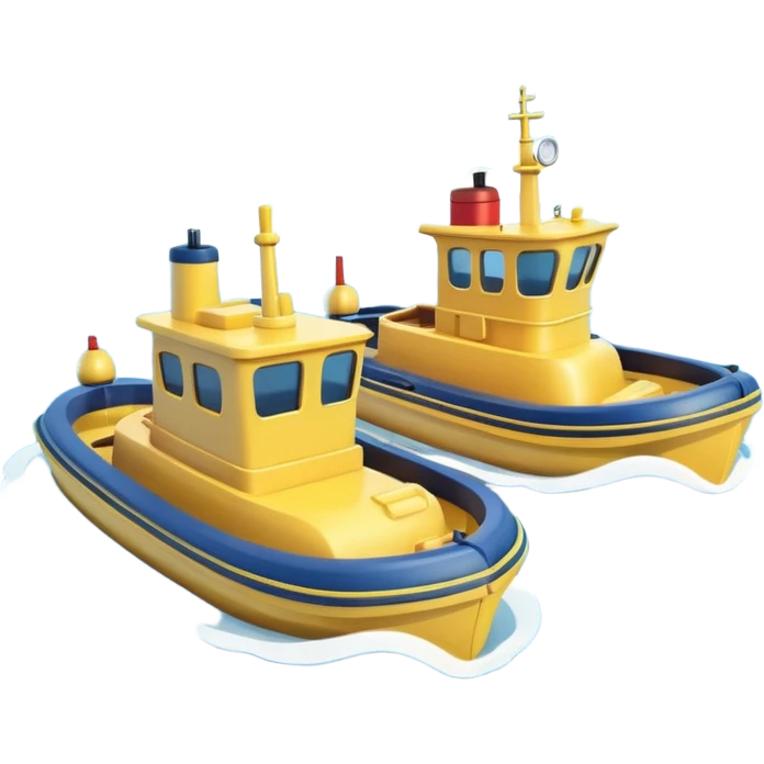 A 3D cartoon tugboat towing another boat on calm blue water, soft waves, clear sky, Memoji-style. emoji