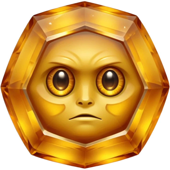 Single gemstone rock character, warm golden citrine, squat and heavy like a rock, with carved facets with eyes emoji
