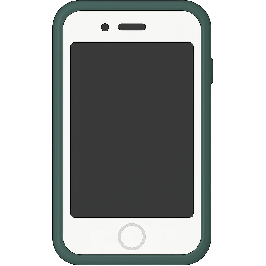Create an image of a pure white iPhone with a dark green case, screen facing forward, in a minimalist design inspired by emoji style. The design should be clean and simple, focusing on the iPhone and case without any emojis or extra decorations. emoji