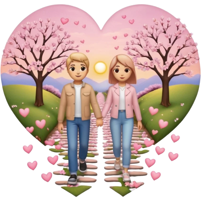 3D emoji-style of two roads merging into one 💞, with cherry blossoms 🌸, floating hearts 💕, soft sunset sky 🌅, and a couple walking hand-in-hand 👩‍❤️‍👨. Romantic and aesthetic vibe emoji