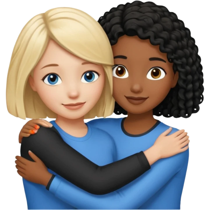 Girl best friends: one white girl with straight blond bob and blue eyes, one shorter black girl with long black curly hair, hugging emoji