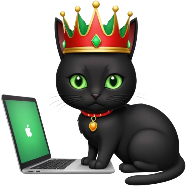 black cat with green eyes and a red crown coding on a laptop which says “cmv” on the back of it emoji