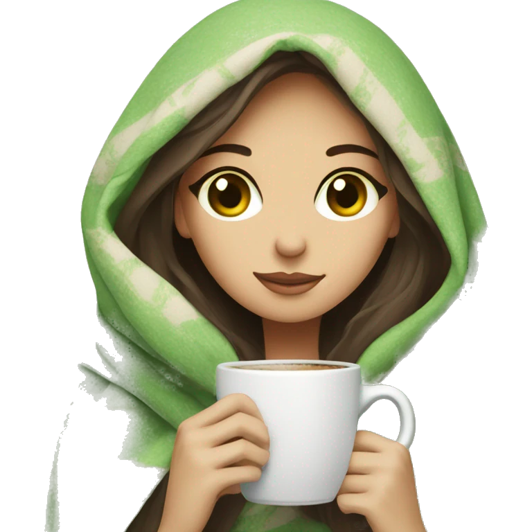 Brunette girl green eyes in blanket with coffee emoji