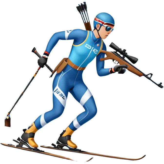 An icon featuring snow-covered trees, distant mountains, and a clear blue sky with a biathlete in motion, holding a rifle and skiing across a snowy course. Transparent background highlights the precision, endurance, and excitement of biathlon. emoji