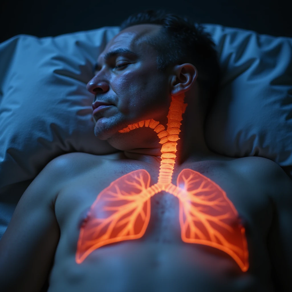 hyper-realistic medical CGI of an obese man sleeping, neck fat compressing airway like a thin straw, trachea walls showing red heat map, oxygen level at 82%, brain scan overlay with micro-awakenings disrupting deep sleep, 4K resolution, clinical style emoji