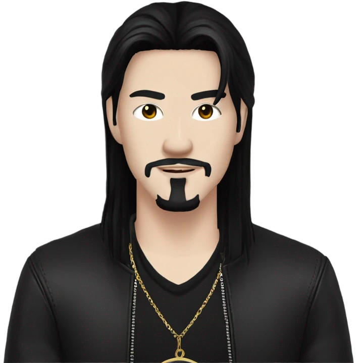Chinese Man with pale skin, very long black hair, black goatee, square jawline, eyeliner, black leather jacket, black pants, black shirt and pentacle necklace emoji