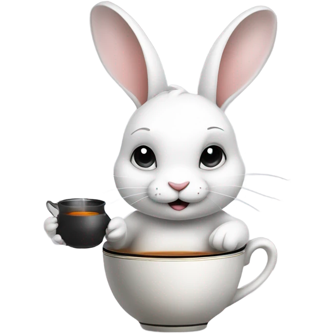 a cute white rabbit sitting and holding a ceramic cup with black tea in its paws, from which steam comes out emoji