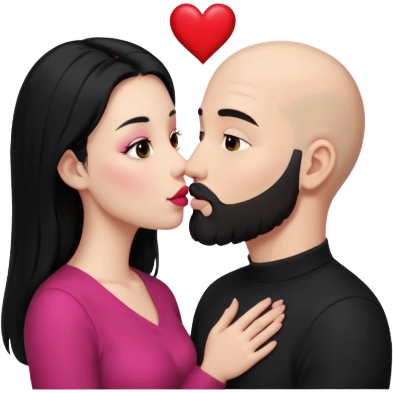 👩🏻‍❤️‍💋‍👨🏻 this one but the man should be bald. white woman with long black hair and white bald young man whoitiut hair and a heart between their heads. she has pink lips and both have brown eyes. he has e full beard but short. both wear black. they kiss slowly emoji