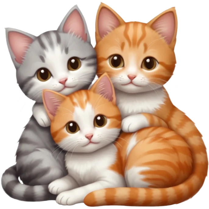 3 tiny kittens cuddling together all different colours, the first one is grey and white, the second is ginger and white and the third is brown tabby and white emoji