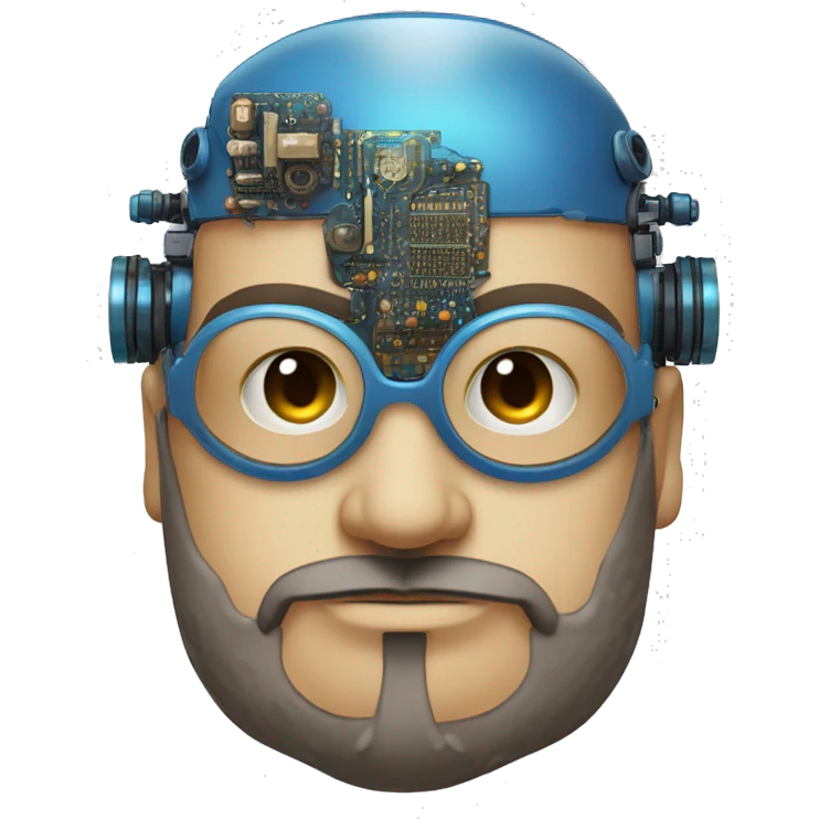 Bearded Fat bald cyborg head with tan skin, blue steampunk goggles and circuits emoji