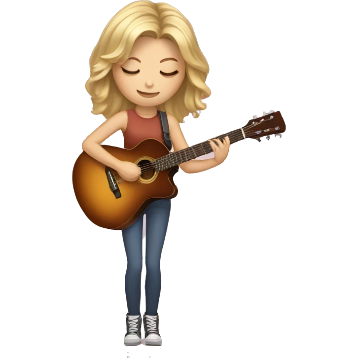 Blond teen girl with medium length hair, brown eyes, eyes closed holding guitar emoji