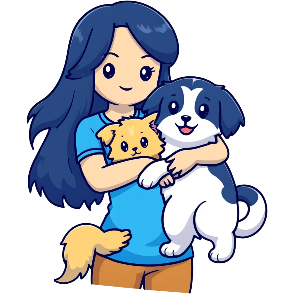 Woman with long black hair holding a blue and white long-haired cat and a golden retriever dog emoji
