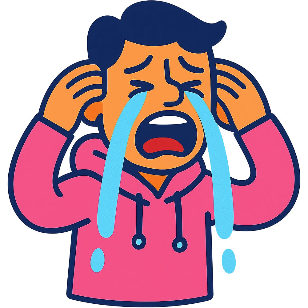 crying guy in a pink hoodie, vibrant cartoon style emoji