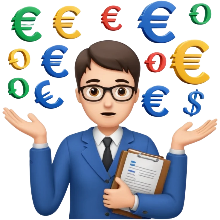 A confused teacher shrugging shoulders with euro symbols and documents floating around. emoji