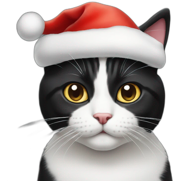 Tuxedo cat with half White nose with Christmas hat emoji