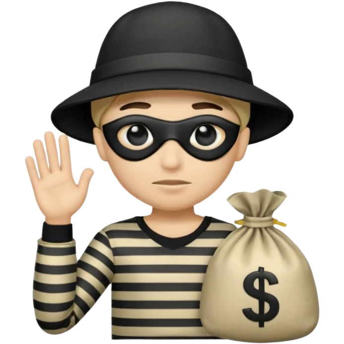 Cartoon-Räuber mit schwarzer Augenmaske, gestreiftem Shirt, schwarzer Mütze und einem Geldsack mit $-Zeichen. emoji