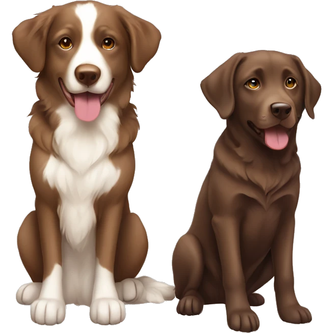 a full body, sitting chocolate labrador, and a sitting tan, cream, white Australian Shepard emoji