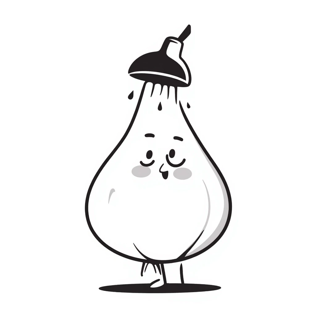 adorable onion with blushing pink cheeks under showerhead, shy expression, water drops emoji