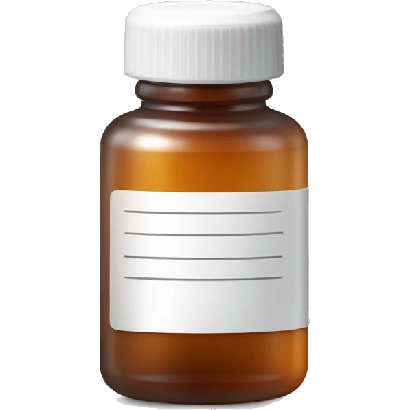 Singular Amber colored pill bottle with a plain white label filled halfway with liquid emoji