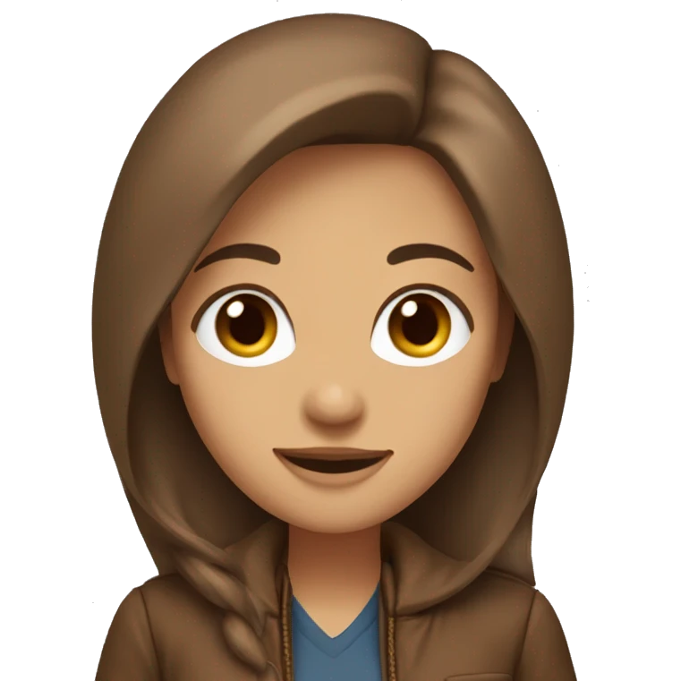 woman, brown and long hair, smiling, big eyes, brown jacket, brown eyes emoji